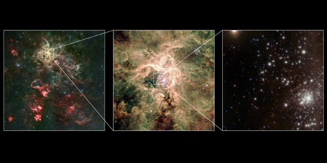 Scientists have indentified the star R136a1 -- thought to be the heaviest star ever discovered, hundreds of times more massive than the sun -- Wednesday after working out its weight for the first time. This montage shows a visible-light image of the Tarantula nebula (left) along with a zoomed-in visible-light image from the Very Large Telescope (middle). A new image of the R136 cluster, obtained with the Very Large Telescope is shown in the right-hand panel, with the cluster itself at the lower right.
