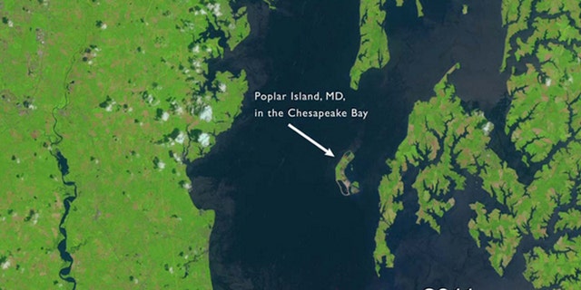 This still from a NASA video shows the view from space of Poplar Island, Md., in Chesapeake Bay off the Maryland Coast as seen by a Landsat satellite in 2011.