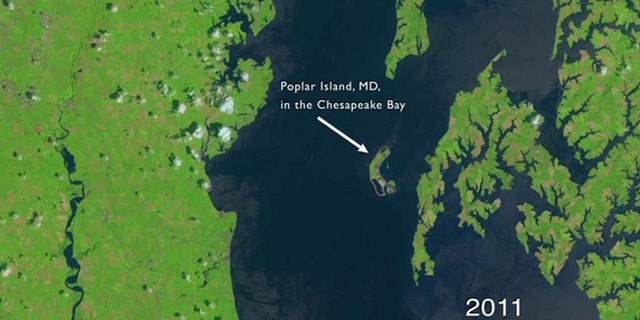 This still from a NASA video shows the view from space of Poplar Island, Md., in Chesapeake Bay off the Maryland Coast as seen by a Landsat satellite in 2011.