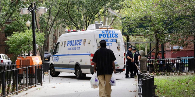 A resident of the Ingersoll Houses walks towards a New York City Police Department crime scene unit, Sunday, Sept. 20, 2015 at the Ingersoll Houses in the Brooklyn borough of New York. Three men were killed at the scene at 2 a.m. Sunday, according to police. (AP Photo/Mark Lennihan)