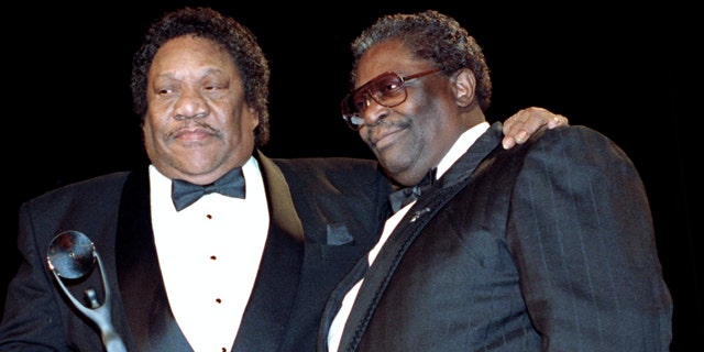 Bobby "Blue" Bland, left, receives his award for the Rock and Roll Hall of Fame from B.B. King during induction ceremonies in New York.