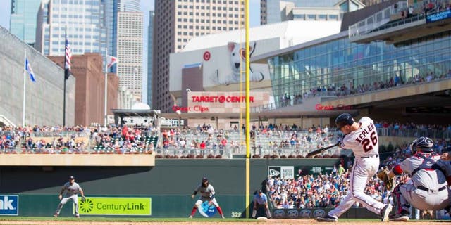 Sunday, June 12, 2016: Minnesota Twins outfielder Max Kepler hits a three-run walkoff home run in the 10th inning against the Boston Red Sox at Target Field. It was his first major league home run.
