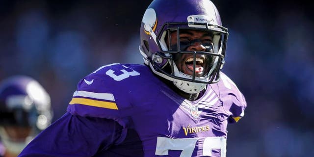 Sunday, Oct. 18: Minnesota Vikings defensive tackle Sharrif Floyd celebrates after a sack against the Kansas City Chiefs in the second quarter at TCF Bank Stadium in Minneapolis.