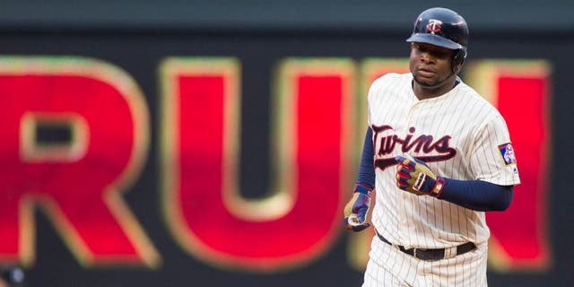 Wednesday, May 11, 2016: Minnesota Twins outfielder Miguel Sano rounds the bases on his 23rd birthday after hitting a home run in the second inning against the Baltimore Orioles at Target Field.