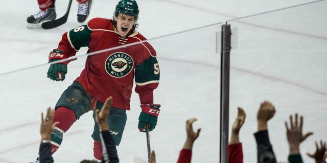 Tuesday, December 9: Minnesota Wild forward Erik Haula celebrates his goal during the third period against the New York Islanders at Xcel Energy Center. The Wild won 5-4.