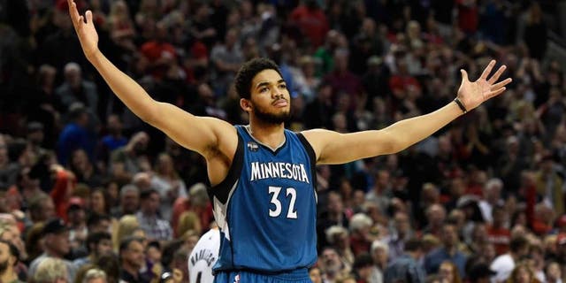 Saturday, April 9: Minnesota Timberwolves center Karl-Anthony Towns celebrates after hitting the game-winning shot against the Portland Trail Blazers.