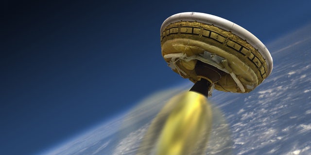 This artist's concept shows the test vehicle for NASA's Low-Density Supersonic Decelerator (LDSD), designed to test landing technologies for future Mars missions.