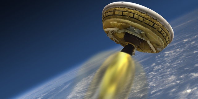 This artist's concept shows the test vehicle for NASA's Low-Density Supersonic Decelerator (LDSD), designed to test landing technologies for future Mars missions.