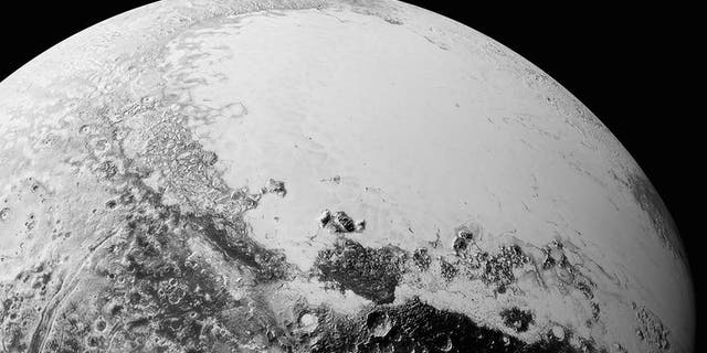 This synthetic perspective view of Pluto, based on the latest high-resolution images to be downlinked from NASA’s New Horizons spacecraft, shows what you would see if you were approximately 1,100 miles above Pluto’s equatorial area. The images were taken as New Horizons flew past Pluto on July 14, 2015, from a distance of 50,000 miles.
