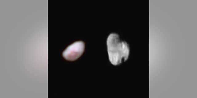 Pluto’s moon Nix (left), shown here in enhanced color as imaged by the New Horizons Ralph instrument, has a reddish spot that has attracted the interest of mission scientists. The data were obtained on the morning of July 14, 2015, and received on the ground on July 18.