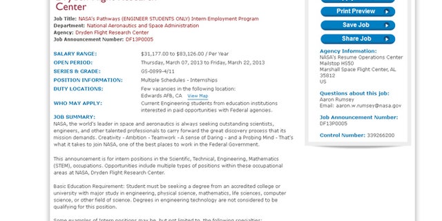 This image shows a listing for internship openings at the NASA Dryden Flight Research Center.