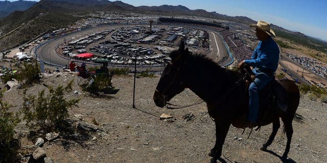 A race fan on horseback looks on during the NASCAR Sprint Cup Series CampingWorld.com 500 at Phoenix International Raceway on March 15, 2015 in Avondale, Arizona.