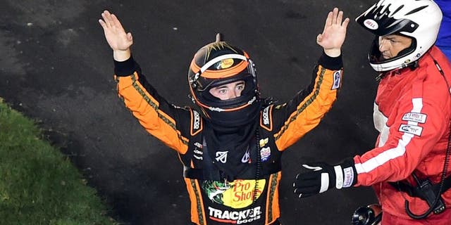 DAYTONA BEACH, FL - JULY 06: Austin Dillon, driver of the #3 Bass Pro Shops Chevrolet, gestures to the crowd after being involved in an on-track incident during the NASCAR Sprint Cup Series Coke Zero 400 Powered by Coca-Cola at Daytona International Speedway on July 6, 2015 in Daytona Beach, Florida. (Photo by Jared C. Tilton/NASCAR via Getty Images)