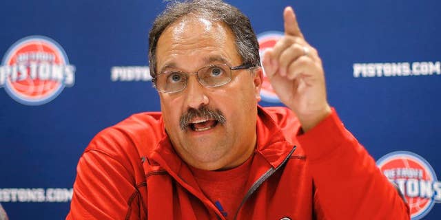 Stan Van Gundy, Detroit Pistons head coach and president of basketball operations, speaks about the NBA basketball draft during a news conference Tuesday, June 24, 2014, in Auburn Hills, Mich. Van Gundy has a plan to turn around the Pistons and it probably will not include this year's draft because the once-proud franchise does not have a first-round pick. (AP Photo/Paul Sancya)