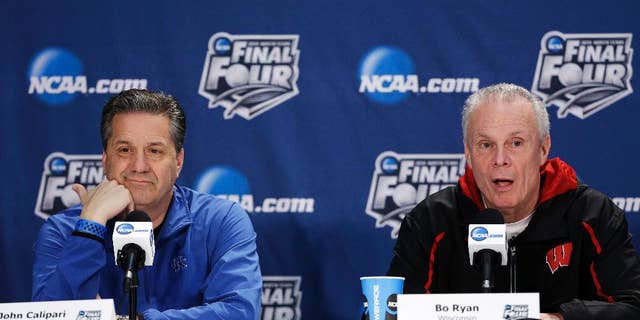 Wisconsin head coach Bo Ryan, right, and Kentucky head coach John Calipari participate in a joint news conference for their NCAA Final Four tournament college basketball semifinal game Thursday, April 3, 2014, in Dallas. Wisconsin plays Kentucky on Saturday, April 5, 2014. (AP Photo/David J. Phillip)