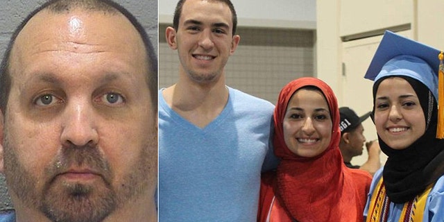 Craig Stephen Hicks, (l.), is suspected of gunning down neighbors Deah Shaddy Barakat; his wife, Yusor Abu-Salha, 21; and her sister, shown left to right in photo on right.
