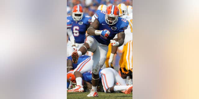 FILE- In this Sept. 17, 2011, file photo, Florida defensive tackle Dominique Easley (2) celebrates after tackling Tennessee running back Tauren Poole behind the line of scrimmage during the first half of an NCAA college football game in Gainesville, Fla. Easley was selected in the first round, 29th overall, by the new England Patriots in the NFL draft on Thursday, May 8, 2014. (AP Photo/Phelan M. Ebenhack, File)