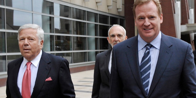April 14: New England Patriots owner Robert Kraft, left, and NFL commissioner Roger Goodell, right, leave the federal courthouse along with NFL outside attorney Bob Betterman, center.