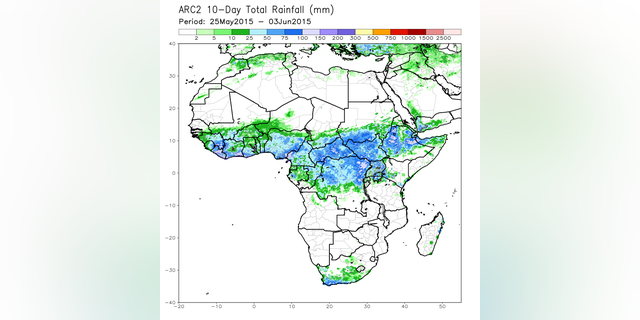 NOAA satellite map shows total rainfall across the Sahel area of Africa between May 25 and June 3 2015.