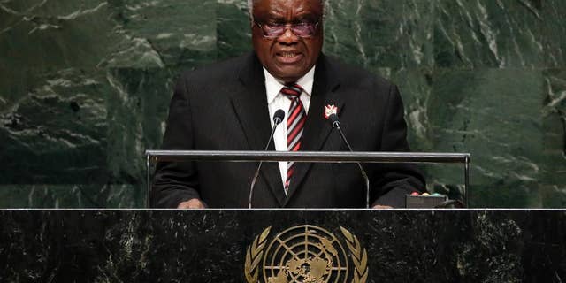 FILE - In this Friday, Sept. 26, 2014 file photo, Namibian President Hifikepunye Pohamba addresses the 69th session of the United Nations General Assembly at U.N. headquarters. Pohamba has won the 2014 Ibrahim Prize for African leadership, the first African leader deemed worthy of the honor since 2011. Chairman of the prize committee Salim Ahmed Salim announced that Pohamba won the $5 million prize Monday, March 2, 2015 in Nairobi. (AP Photo/Richard Drew, File)
