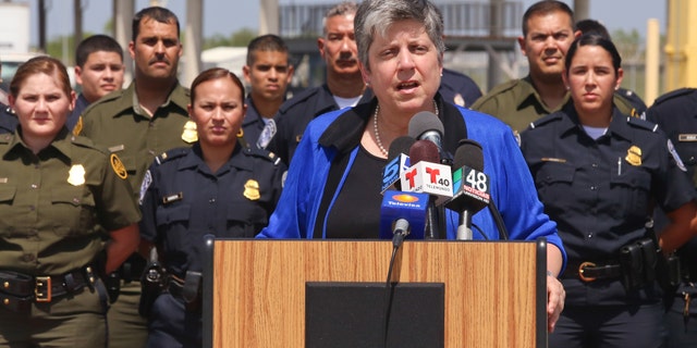 Homeland Security Secretary Janet Napolitano speaks during a brief stop at the Veterans International Bridge in Brownsville, Texas on Tuesday afternoon, July 23, 2013.
