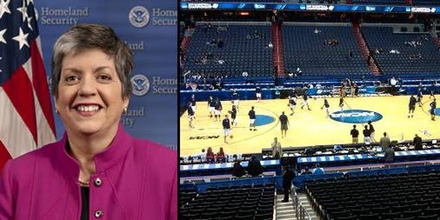 DHS Secretary Janet Napolitano // NCAA players pratice at DC's Verizon Center on March 17