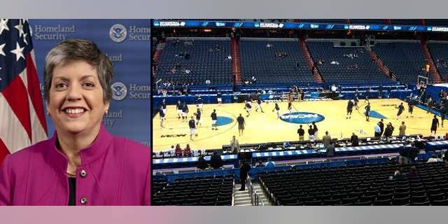 DHS Secretary Janet Napolitano // NCAA players pratice at DC's Verizon Center on March 17