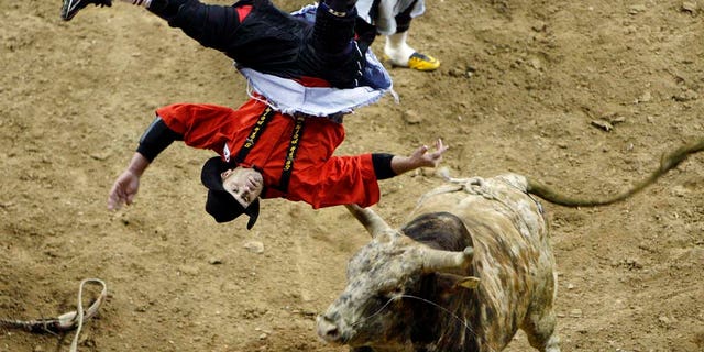 Bull fighter Darrell Diefenbach is flipped by bull Big Iron during the third go-round of National Finals Rodeo Saturday, Dec. 4, 2010, in Las Vegas. (AP Photo/Isaac Brekken)