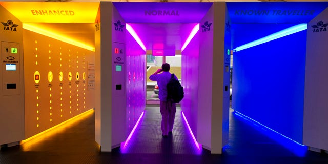 A person walks through a model of a scanning corridor at the International Air Transport Association Aviation Security (IATA AVSEC) conference in Amsterdam, Netherlands, Tuesday, Oct. 4, 2011. The airline industry has presented its vision for a security 'checkpoint of the future,' which would speed up safety checks by sorting passengers according to the level of risk they pose.