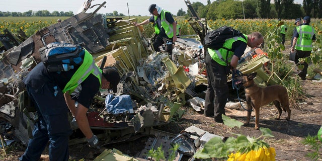 FILE - In this Tuesday, Aug. 5, 2014 file photo, Australian, Malaysian and Dutch investigators examine pieces of the downed Malaysia Airlines Flight 17 plane, near the village of Rossipne, Donetsk region, eastern Ukraine. (AP Photo/File)