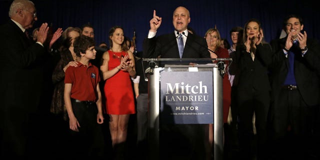 February 1, 2014: Incumbent New Orleans Mayor Mitch Landrieu addresses supporters after winning reelection in New Orleans. (AP Photo/Gerald Herbert)