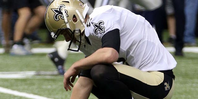 Oct 4, 2015; New Orleans, LA, USA; New Orleans Saints kicker Zach Hocker (2) reacts after missing a field goal at the end of the fourth quarter against the Dallas Cowboys at Mercedes-Benz Superdome. The Saints won 26-20. Mandatory Credit: Chuck Cook-USA TODAY Sports