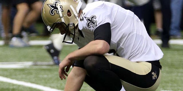 Oct 4, 2015; New Orleans, LA, USA; New Orleans Saints kicker Zach Hocker (2) reacts after missing a field goal at the end of the fourth quarter against the Dallas Cowboys at Mercedes-Benz Superdome. The Saints won 26-20. Mandatory Credit: Chuck Cook-USA TODAY Sports