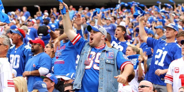 Sep 21, 2014; East Rutherford, NJ, USA; New York Giants fans react during the second quarter against the Houston Texans at MetLife Stadium. Mandatory Credit: Brad Penner-USA TODAY Sports