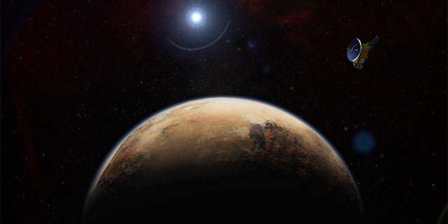 A still frame from a video animation of a view of Pluto from its large moon Charon during the New Horizons flyby.