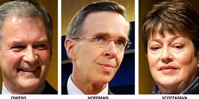 Congressional candidates in New York's 23rd district: Democrat Bill Owens, Conservative Party Dan Hoffman, and Republican Dede Scozzafava. (AP)