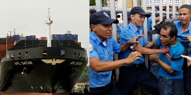 Panama Canal pictured on the left. On the right, Anti-government demonstrators scuffle with police officers in front of Nicaragua's National Assembly during a protest against the project to build an inter-oceanic canal in the country in Managua, Nicaragua, Thursday, June 13, 2013.