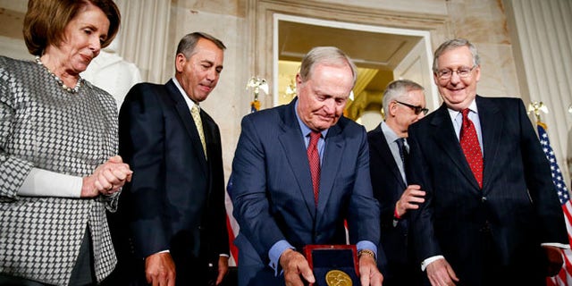March 24, 2015: Retired golf pro Jack Nicklaus, center, on Capitol Hill, in Washington. D.C., with, from left Reps. Nancy Pelosi and John Boehner and Senators Harry Reid and Mitch McConnell.