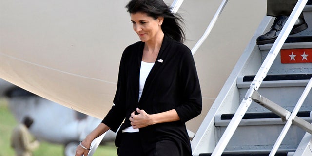 US Ambassador to the UN, Nikki Haley, arriving in South Sudan in 2017