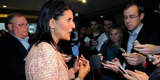 South Carolina Gov. Nikki Haley (R) speaks to reporters in this file photo.