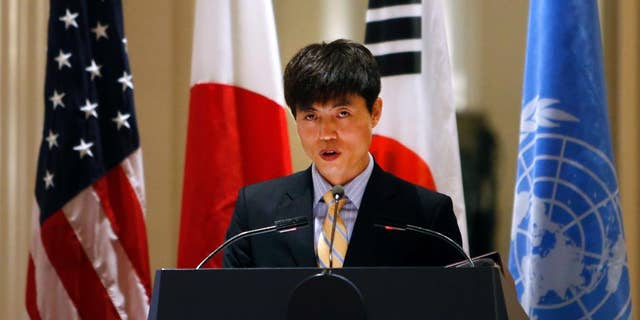 FILE - In this Sept. 23, 2014, file photo, North Korean human rights activist Shin Dong-hyuk delivers remarks during an event on human rights in North Korea at the Waldorf Astoria Hotel, in New York. Shin, who fled a North Korean prison camp and became the face of international efforts to hold the country accountable for widespread human rights abuses, has changed important parts of his life story. (AP Photo/Jason DeCrow, File)