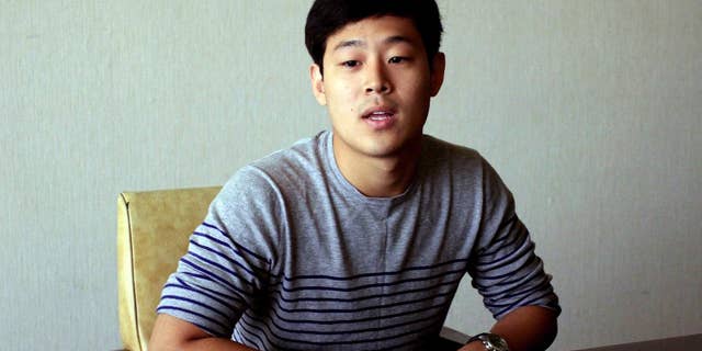 Won Moon Joo, a South Korean student at New York University, is interviewed at the Koryo Hotel in Pyongyang, North Korea Tuesday, July 14, 2015. Joo, who is being detained in North Korea says he hopes to be released soon and has told his family not to worry too much about him. Joo was presented to the media in North Korea’s capital, Pyongyang, on Tuesday. (AP Photo/Kim Kwang Hyon)