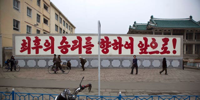 April 23, 2013: A propaganda billboard, which reads "Forward to the Ultimate Victory" in Korean stands in central Kaesong, North Korea. For weeks, North Korea has threatened to attack the U.S. and South Korea for holding joint military drills and for supporting U.N. sanctions. Washington and Seoul said they've seen no evidence that Pyongyang is actually preparing for a major conflict, though South Korean defense officials said the North appears prepared to test-fire a medium-range missile.