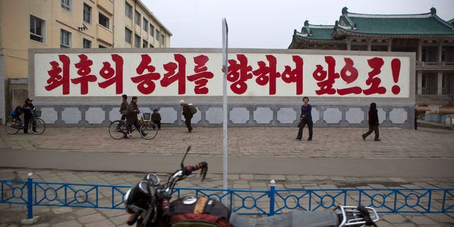 April 23, 2013: A propaganda billboard, which reads "Forward to the Ultimate Victory" in Korean stands in central Kaesong, North Korea. For weeks, North Korea has threatened to attack the U.S. and South Korea for holding joint military drills and for supporting U.N. sanctions. Washington and Seoul said they've seen no evidence that Pyongyang is actually preparing for a major conflict, though South Korean defense officials said the North appears prepared to test-fire a medium-range missile.