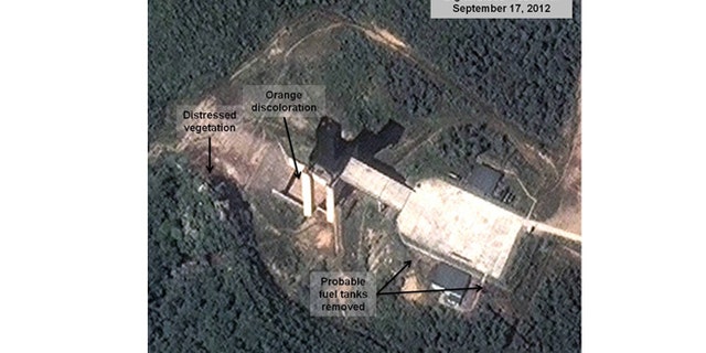Sept. 17, 2012: Satellite image provided by DigitalGlobe shows a facility in Sohae, North Korea, where analysts believe rocket engines have been tested.
