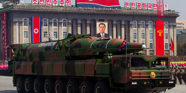 April 15, 2012: In this file photo, a North Korean vehicle carries a missile during a mass military parade in Pyongyang's Kim Il Sung Square to celebrate the centenary of the birth of the late North Korean founder Kim Il Sung.