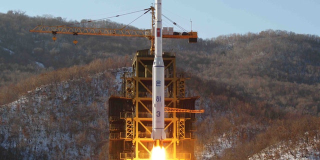 Dec. 12, 2012: In this file photo released by Korean Central News Agency, North Korea's Unha-3 rocket lifts off from the Sohae launch pad in Tongchang-ri, North Korea.