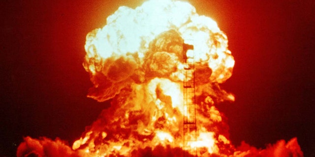 A 23-kiloton nuclear bomb detonated on 18 April, 1953, at a Nevada test site released this mushroom cloud.