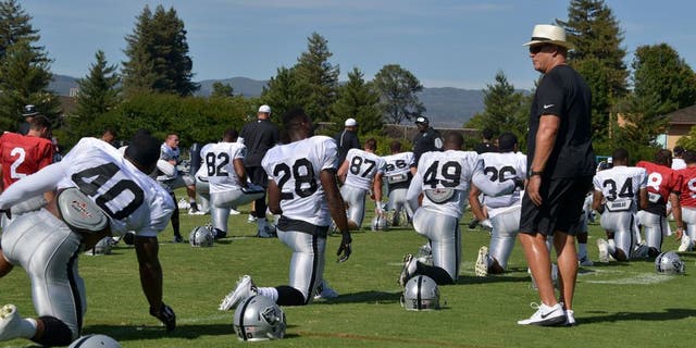 Aug 2, 2015; Napa, CA, USA; Oakland Raiders coach Jack Del Rio at training camp at the Napa Valley Marriott. Mandatory Credit: Kirby Lee-USA TODAY Sports