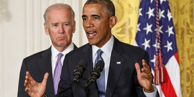 In this Friday, Sept. 19, 2014 photo, President Obama, with Vice President Biden, left, outlines the 'It's On Us' campaign to help colleges and universities to prevent and respond to sexual assault on campus, at the White House in Washington.